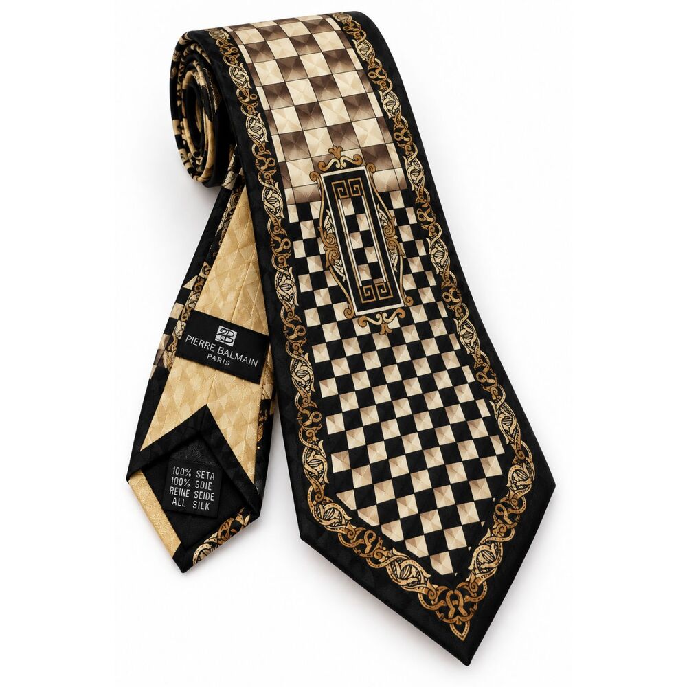 VTG 100% Silk Pierre Balmain Paris Tie Black Gold Checkerboard Baroque Necktie